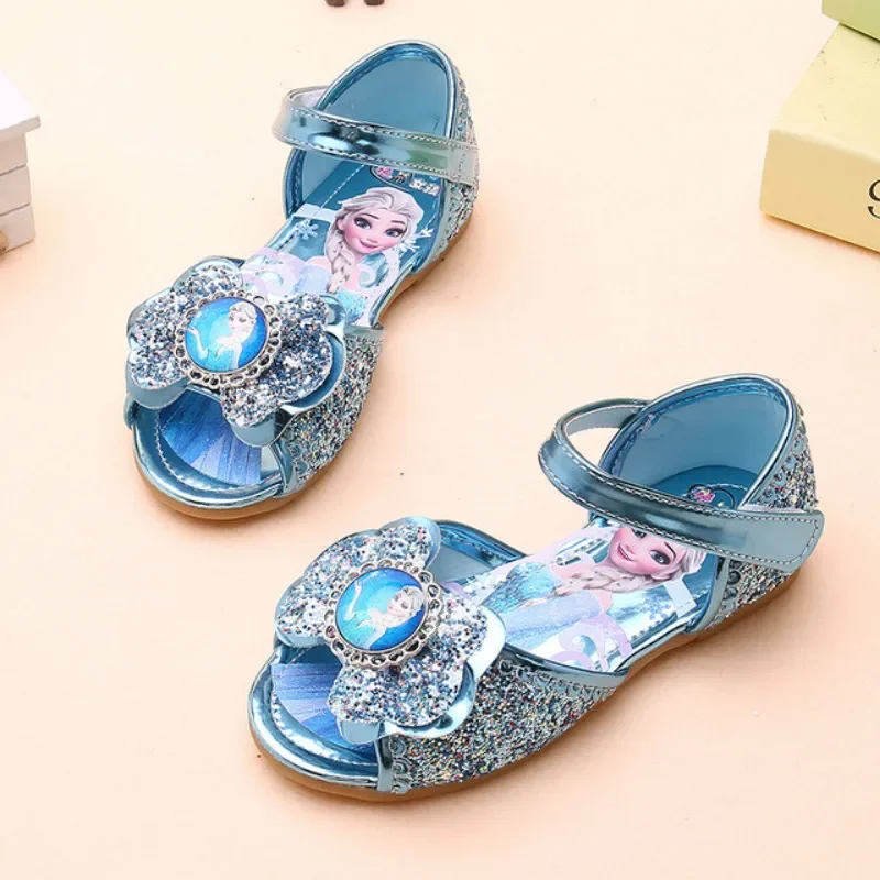 Girl Princess Cartoon Frozen Elsa Sandal Summer Leather Glitter Crystal Rhinestones Bow Kid Sandals Party Shoes Children Slipper