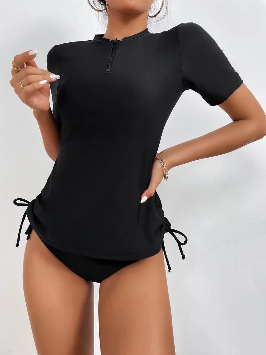 

Black Zip Front Tie Side Short Sleeve Tankini Set Women Two Piece Swimsuit