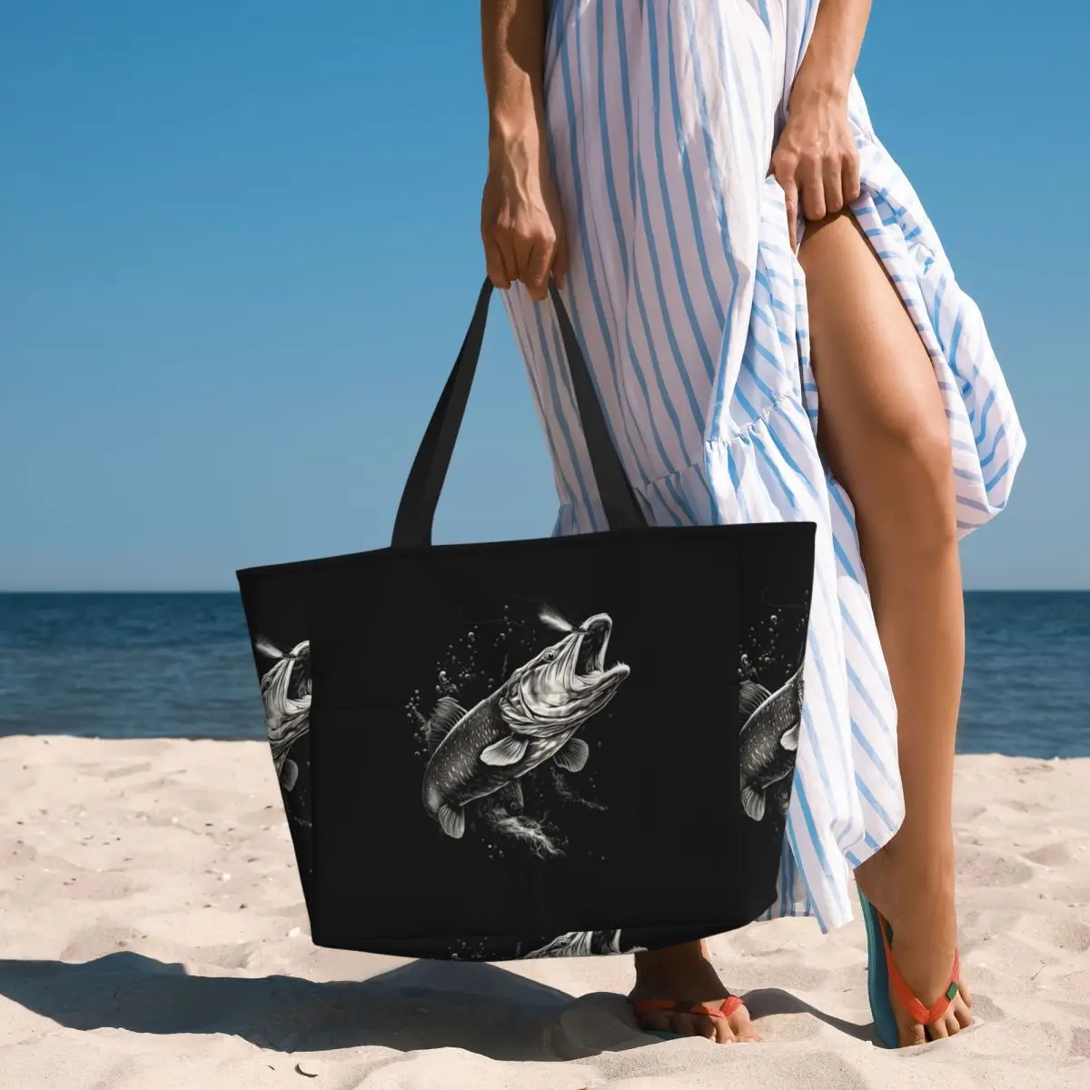Fishing Lover Pike Fish Design Beach Tote Bag Sport Gym Yoga Duffle Large Tote Bag Women Travel Bag Fitness bag