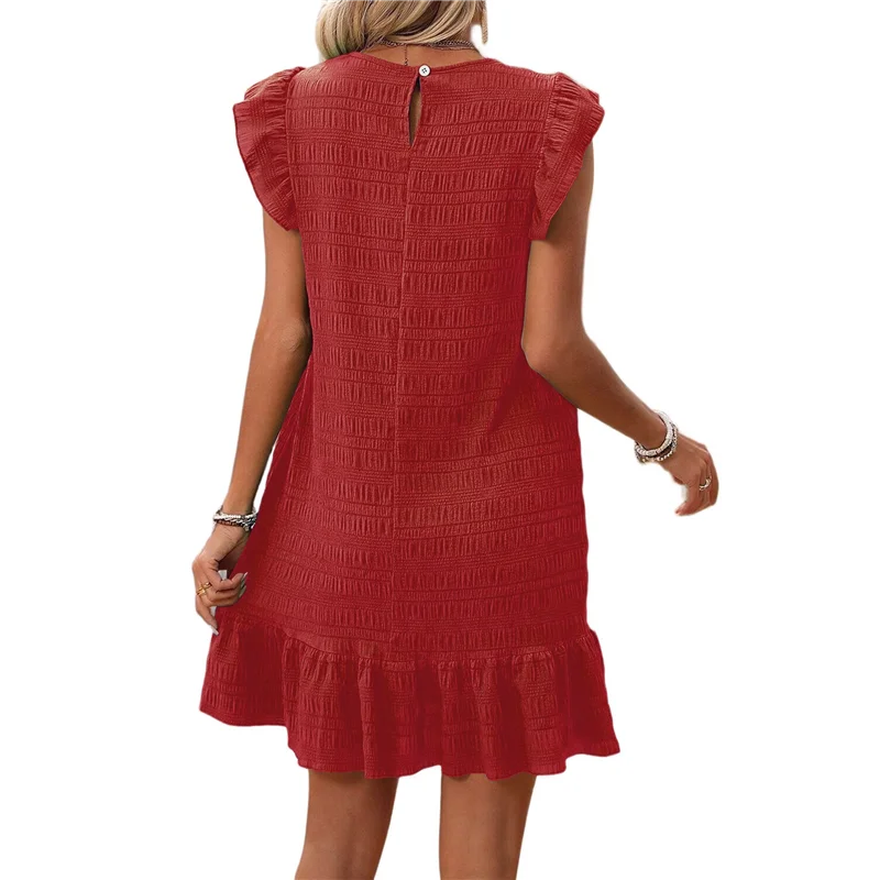 【Decorazione per feste】Vestiti estivi da donna, girocollo, maniche ad aletta, orlo con volant, mini abito grembiule casual