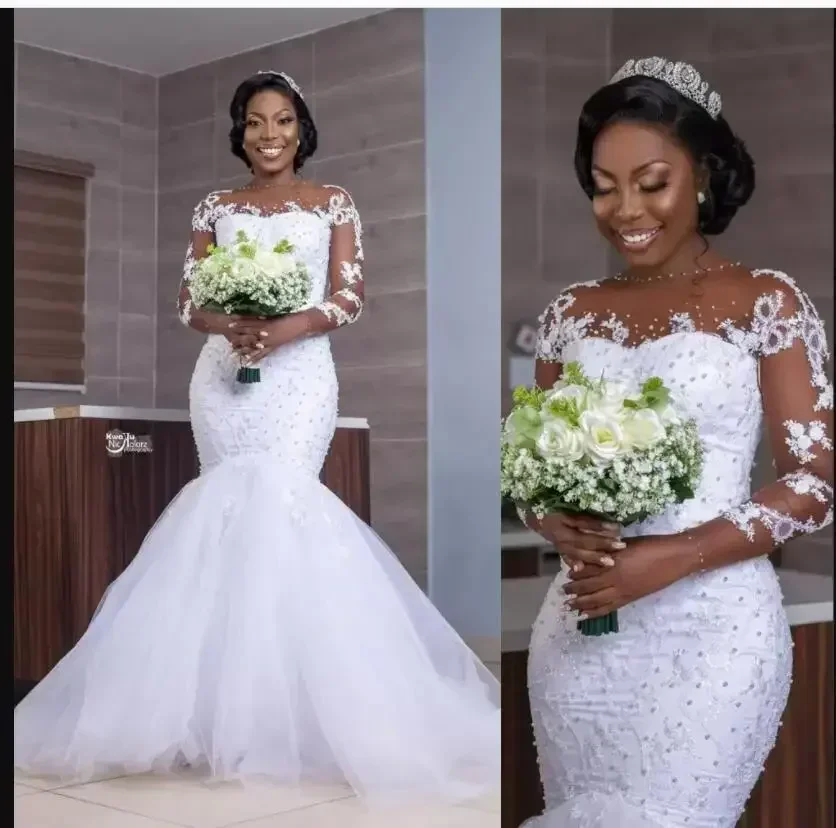 Robes de mariée sirène africaines personnalisées, grande taille, manches longues, avec des Appliques en dentelle et des perles de cristal, dos creux