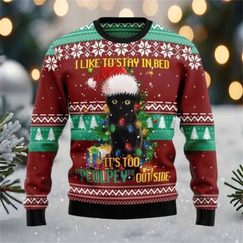 Funny Cat Graphic Ugly Christmas Sweater For Men Fashion Autumn Winter 3D Printed Xmas Sweatshirt Loose Breathable Pullovers