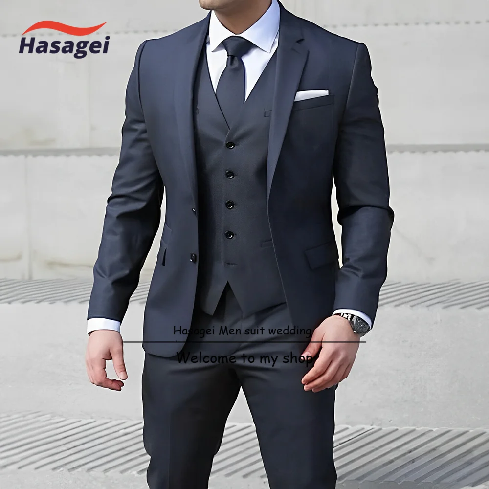 Abito da lavoro da uomo blu Navy 3 pezzi giacca Slim Fit pantaloni gilet abiti da pendolarismo formale smoking da sposo da sposa