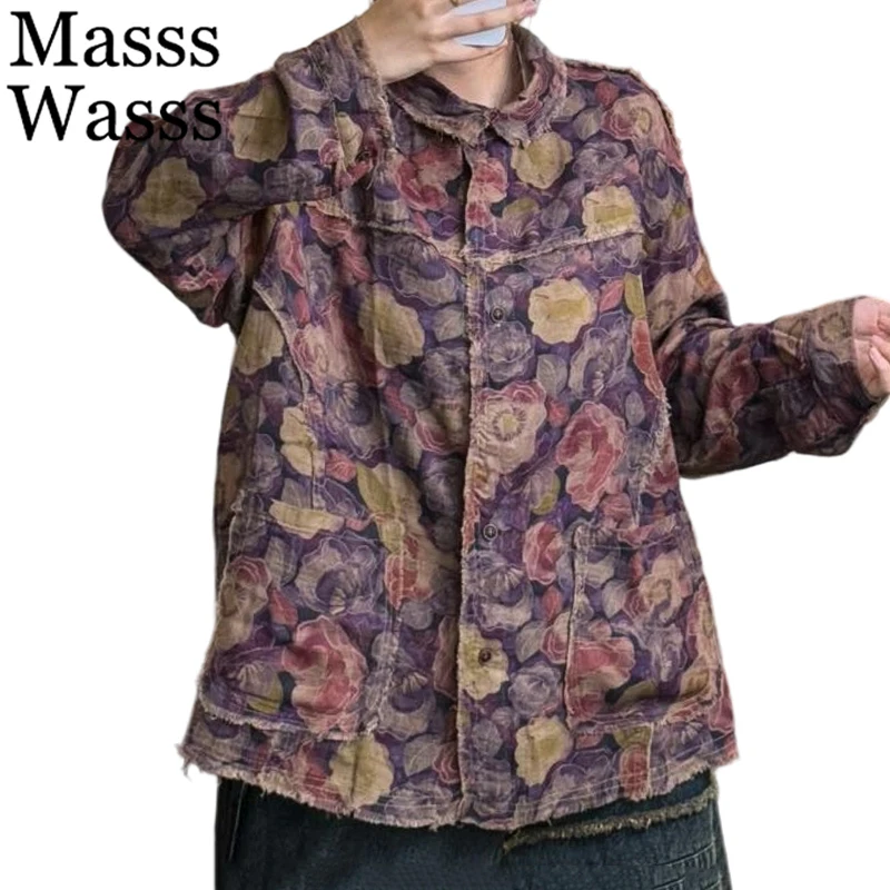 قمصان عصرية للخريف الكوري من Mass Wass للسيدات مطبوعة فضفاضة بتصميم عتيق بلوزات كلاسيكية كاجوال بأكمام طويلة مزهّرة
