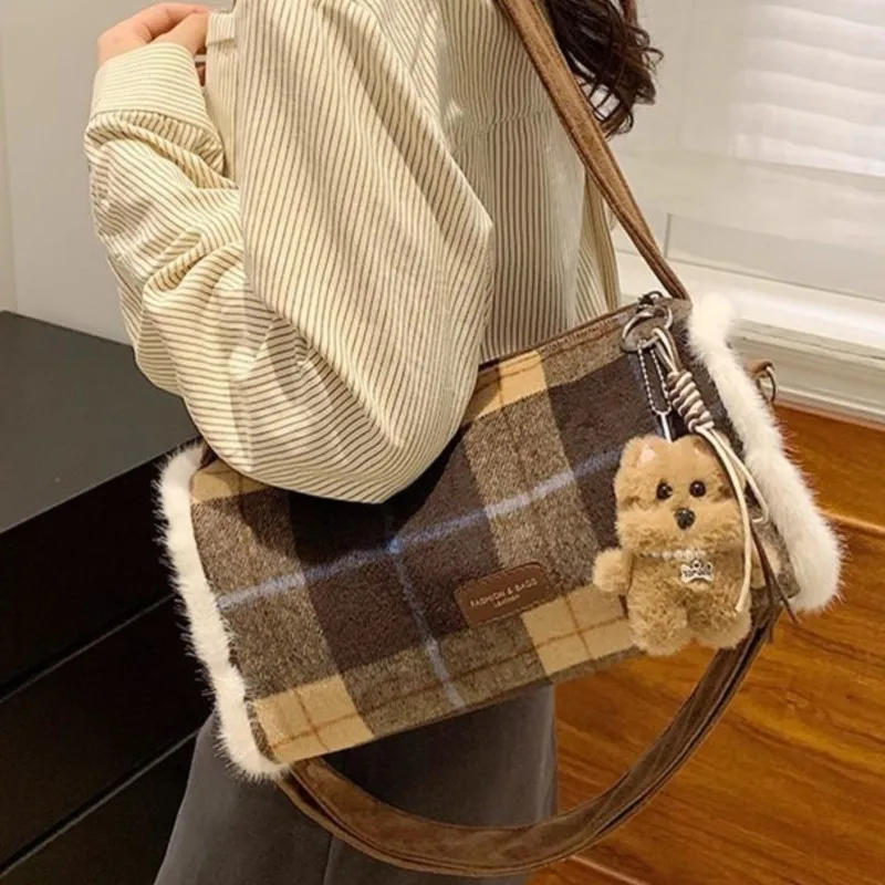 Retro Color Block Plaid Pillow Handbag Women Suede Large Capacity Shoulder Bags Ladies Plush High Quality Fabric Crossbody Bags