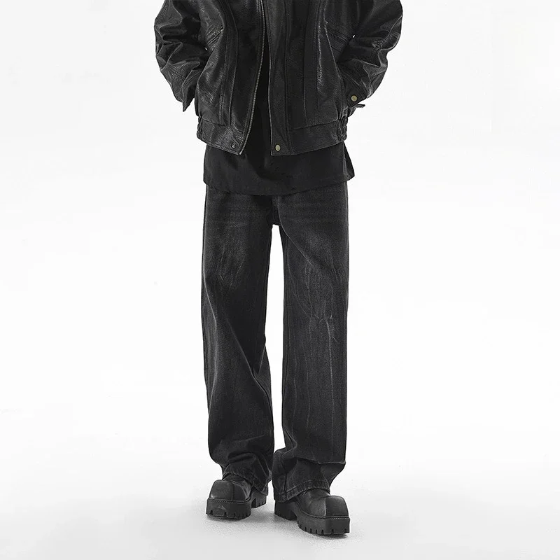 2025 New Men's Vintage Wide Legs Jeans Korean High Street Casual Washed Distressed Baggy Straight Trousers Japanese Streetwear