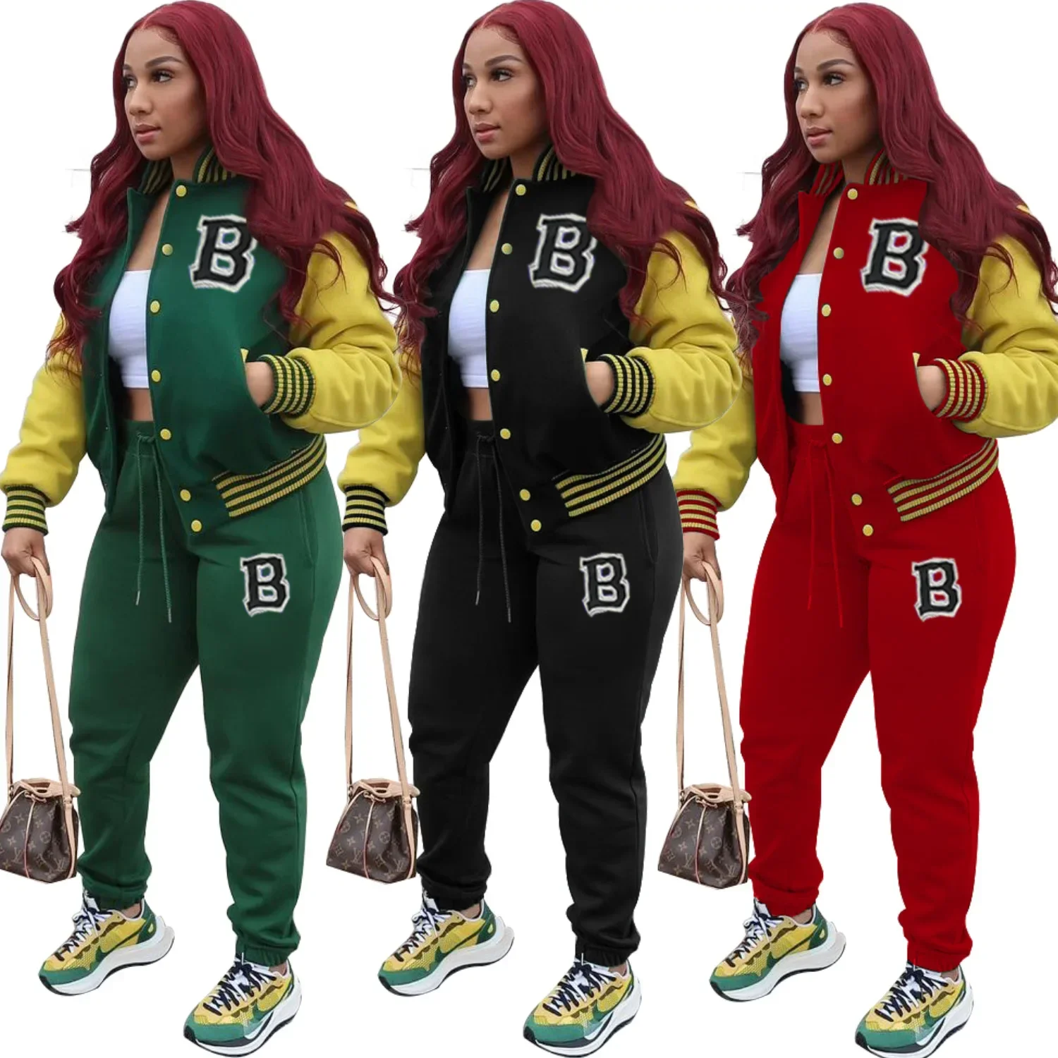 Letter Striped print Women Fall Two piece Set Sweatshirt Zipp jacket Top Trousers Sports Baseball Uniform Workout Outfits