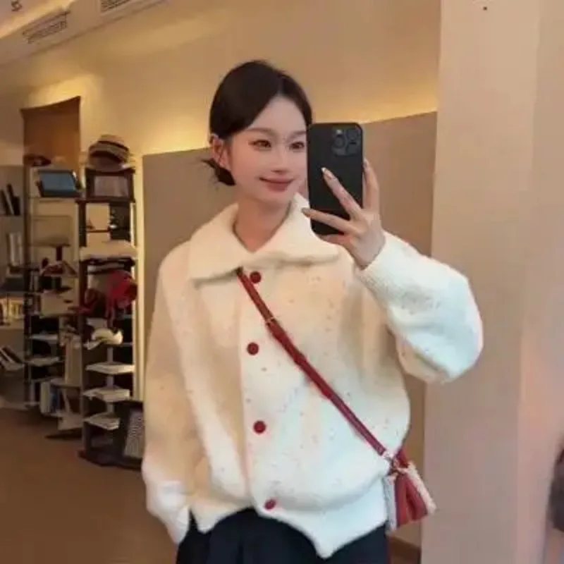 

Корейский стиль, ленивый стиль, высокий воротник, белый цвет, вязаный кардиган в горошек, женский осенне-зимний свитер, куртка, топ