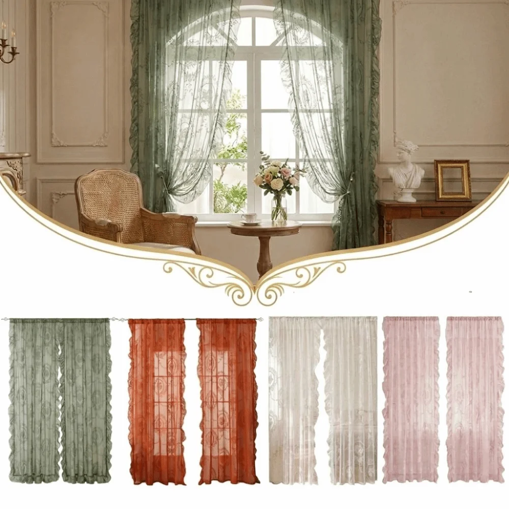 French-Style Lace Curtains Solid Color Half-Shaded Voile Curtains Ruffled Edges Window Curtains
