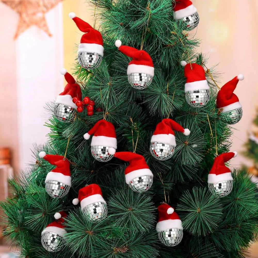 Christmas Decoration Ball Red Christmas Hat Mirror Disco Ball Pendant Xmas Tree Hanging Ornaments Home Party Decoration Gift