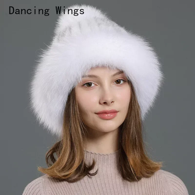 Real Fur Hat Winter for Women's Cap Natural Mink Fur with Fox fur Beanies Luxury Russian Sun Knitting Bucket Hat Bonnets Fashion