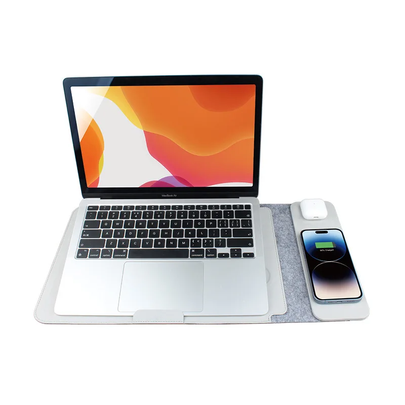 15W Magnetic Wireless Laptop Bag with PU Leather, Wireless Charging, Foldable Design for MacBook 14