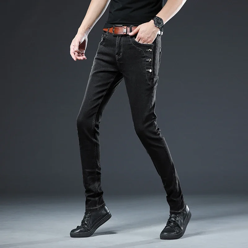 Autumn Men\'s New Button Skinny Jeans Black Gray Multi-button Youth Skateboard Stretch Denim Trousers Slim Straight Male Pants