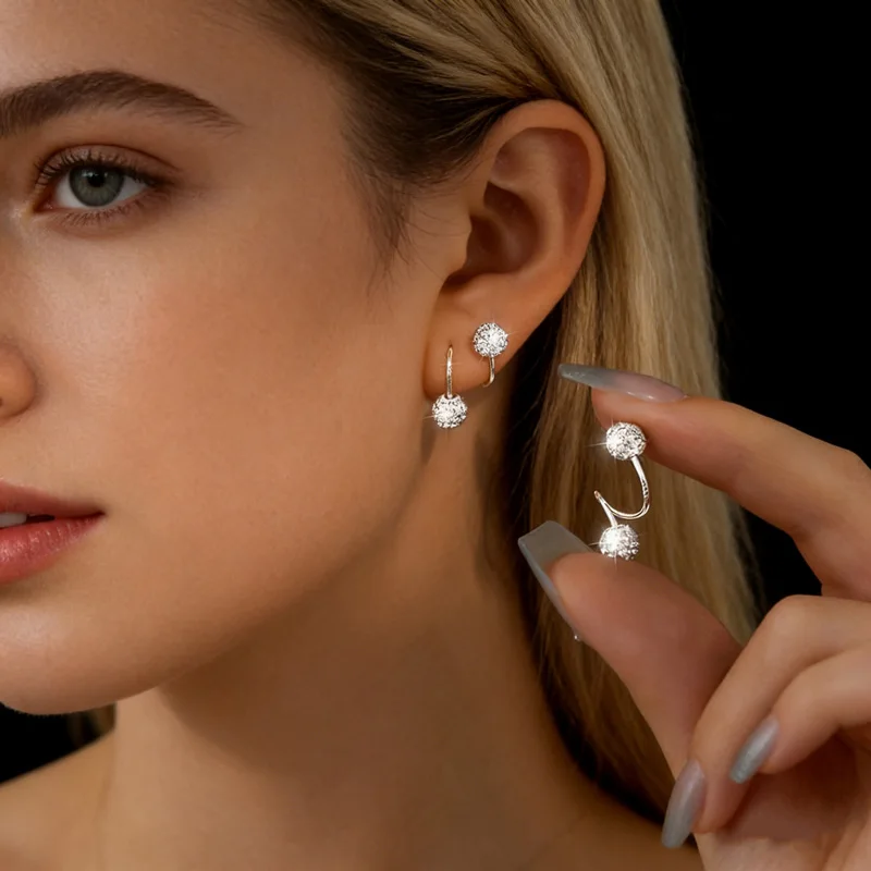 Luxury Stainless Steel Spherical Zircon Earrings With Personalized Spiral S-Shaped Earrings For Women's Daily Jewelry Wear