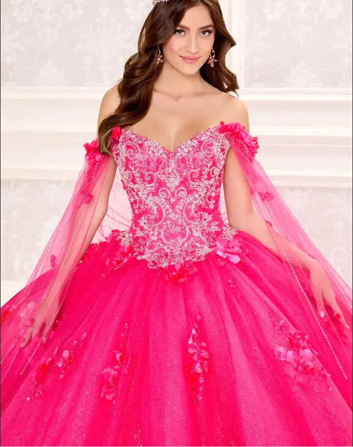 Royal Blue Fuchsia Quinceañera Dresses With Detachable Cape Off Shoulder Crystal Beaded Corset Dresses for 15 year anniversary