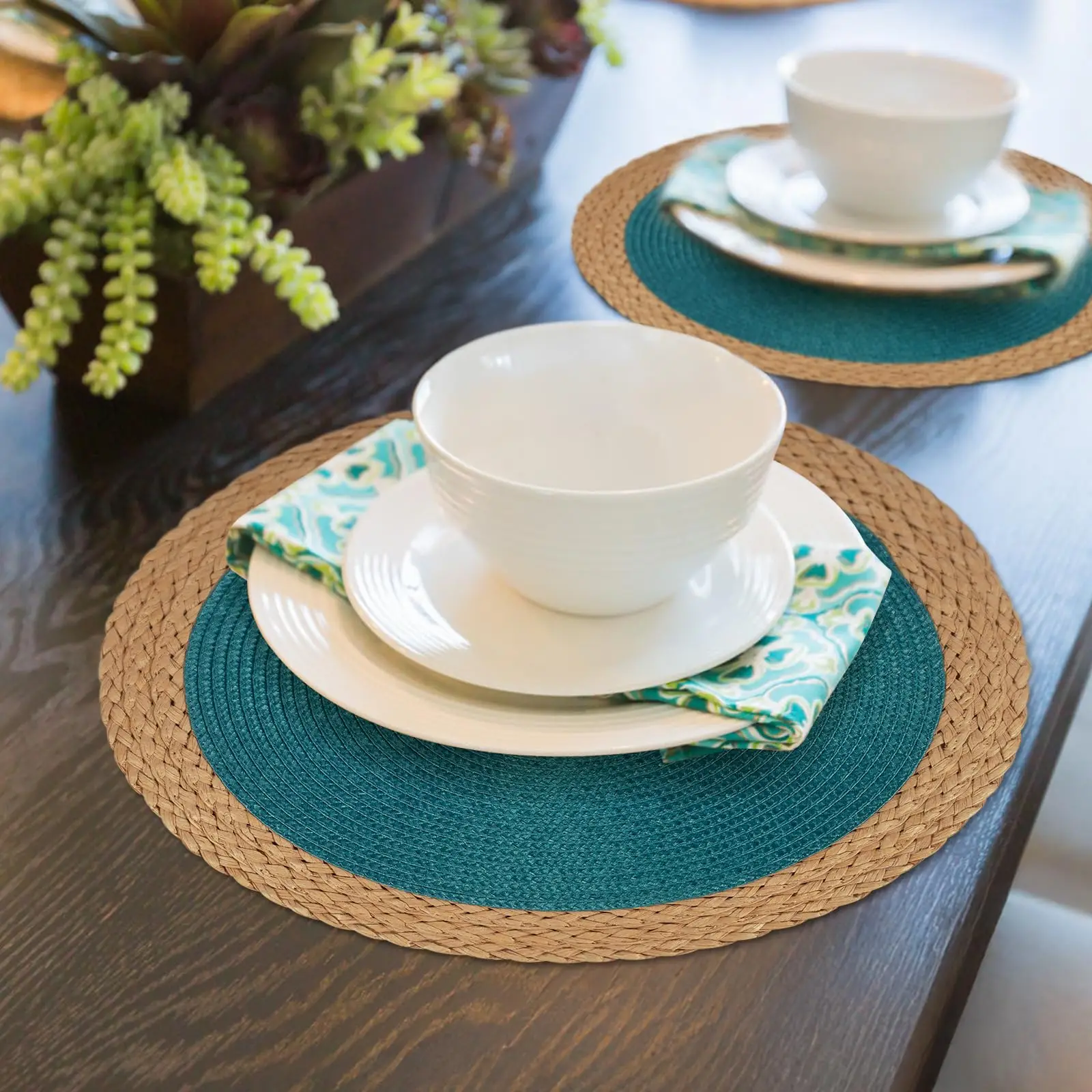 Round Braided Placemats Set of 6 Table Mats 15 Inch Washable Heat Resistant for Dining Table Non-Slip Indoor Outdoor Place Mats