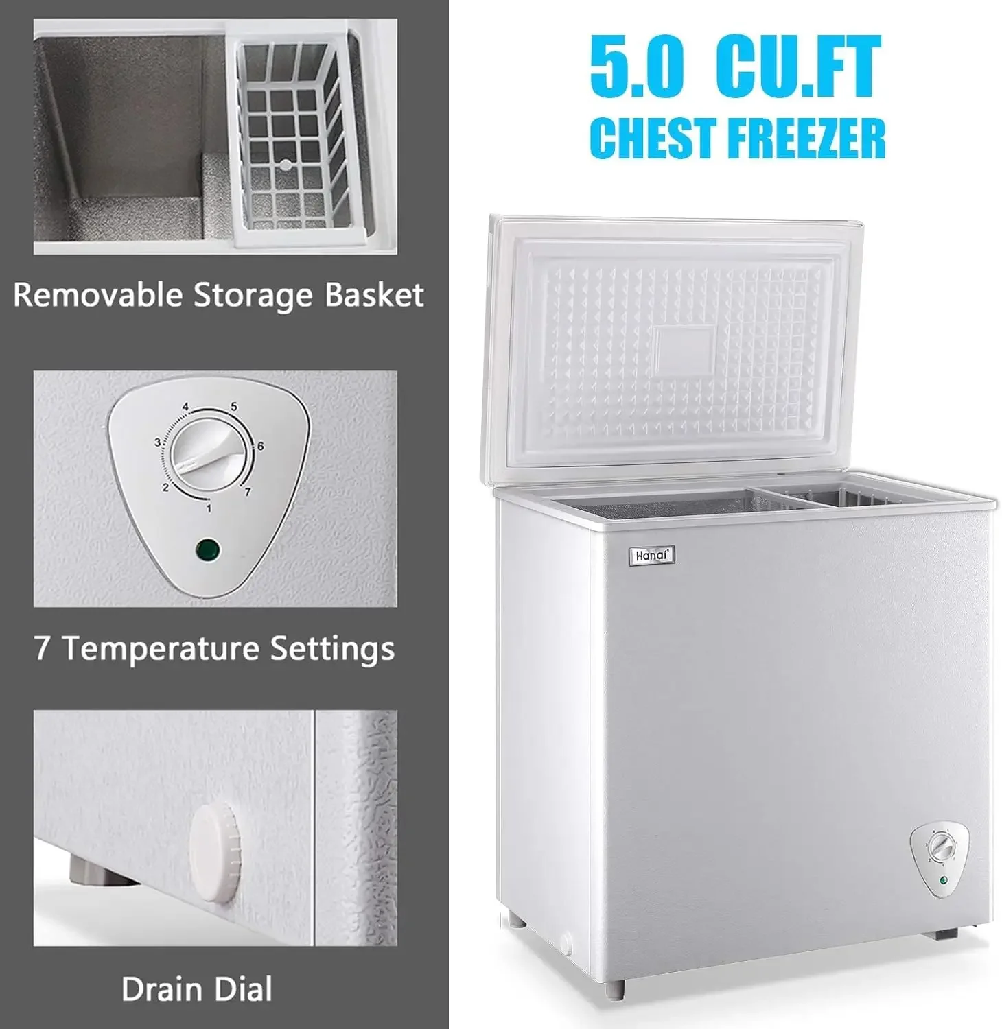 Chest Freezer 5.0 Cu.Ft Small Deep Freezer White Top Door Mini Freezer with Removable Basket, Low Noise, 7 Adjustable