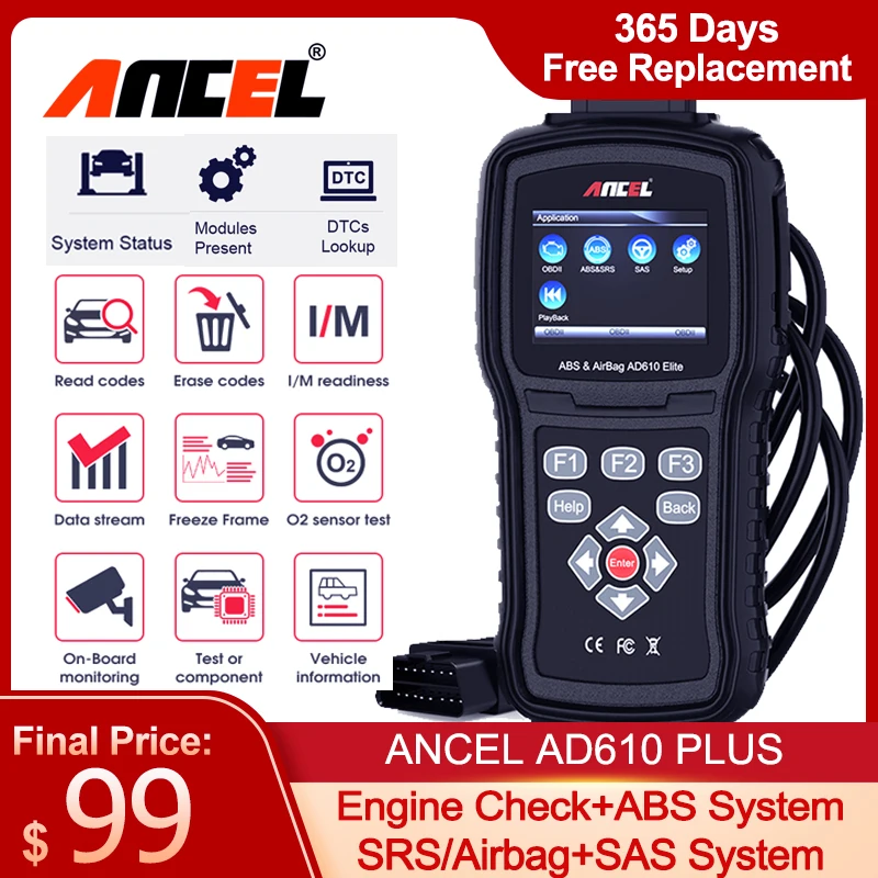 Ancel AD610 Plus OBD OBD2 Automotive Scanner Engine ABS SRS Airbag SAS Reset Three System Car Diagnostic Tool Russian Language