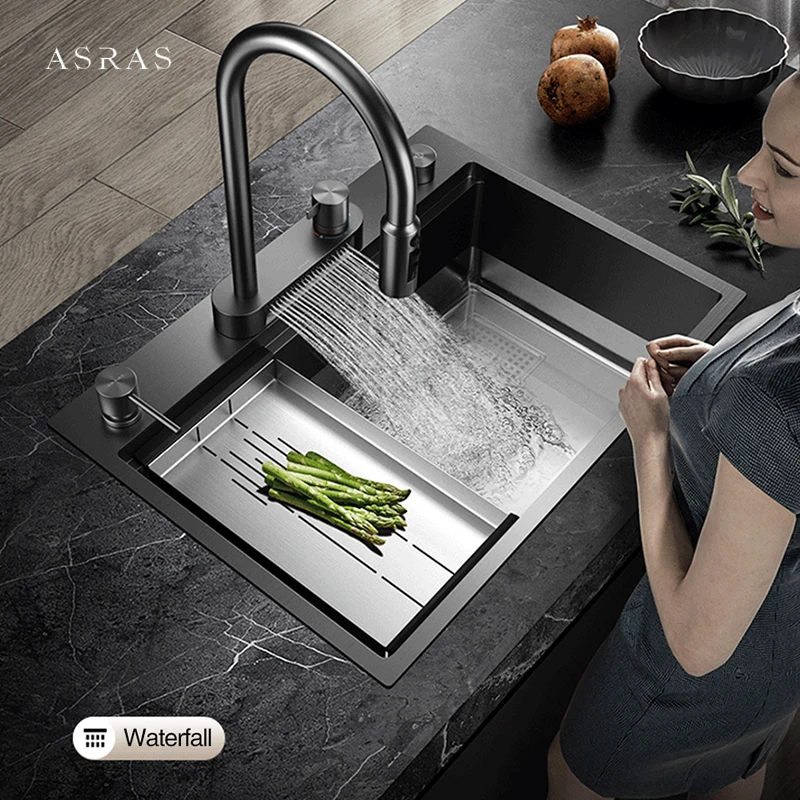 ASRAS New Flying Rain Waterfall Faucet Kitchen Sinks Nanometer 304 Stainless Steel 4mm Panel Handmade Kitchen Island Sinks