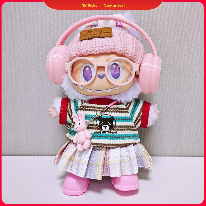 

For 15/17cm Labubus Fashion Overalls Set Mokoko Cute Striped T-Shirt Pink Skirt Headset Shoe Set Sitting Party Game Toys Accesso