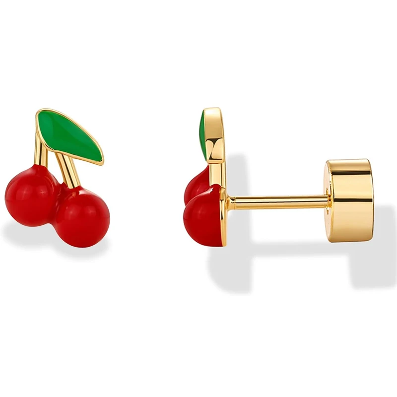 Pendientes de plata de ley chapados en oro de 14 quilates con parte posterior plana esmaltada para mujer, pendientes de regalo con forma de pimienta, fresa, melocotón y cereza