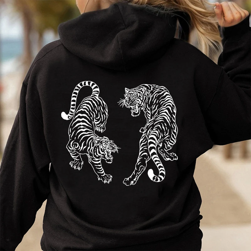 Vintage Tiger Pullover Hoodies Women's Sweatshirts Trendy Graphic Hooded Long Sleeve Hoody Hip Hop Female Aesthetic Outerwears