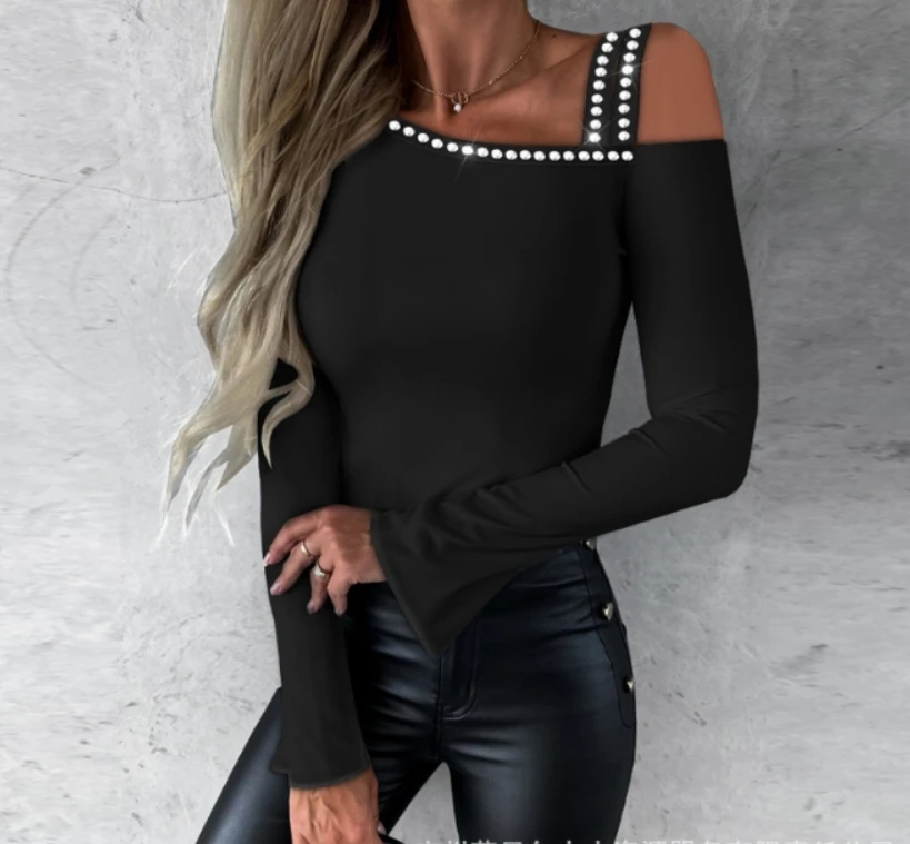 

Solid color single shoulder slim fit long sleeved top