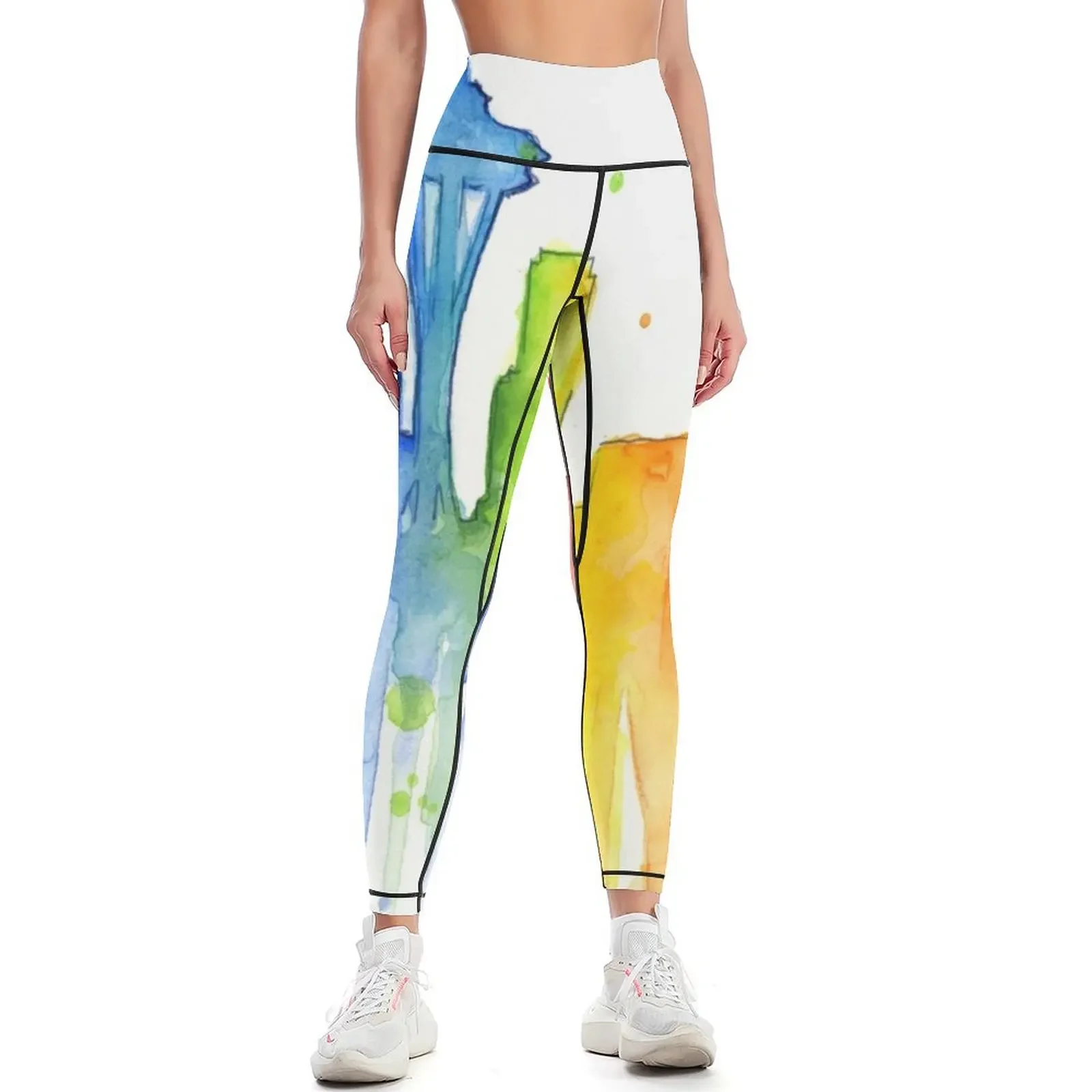 

Seattle Rainbow Watercolor Silhouette Leggings push up legging for physical Women's gym workout shorts Womens Leggings