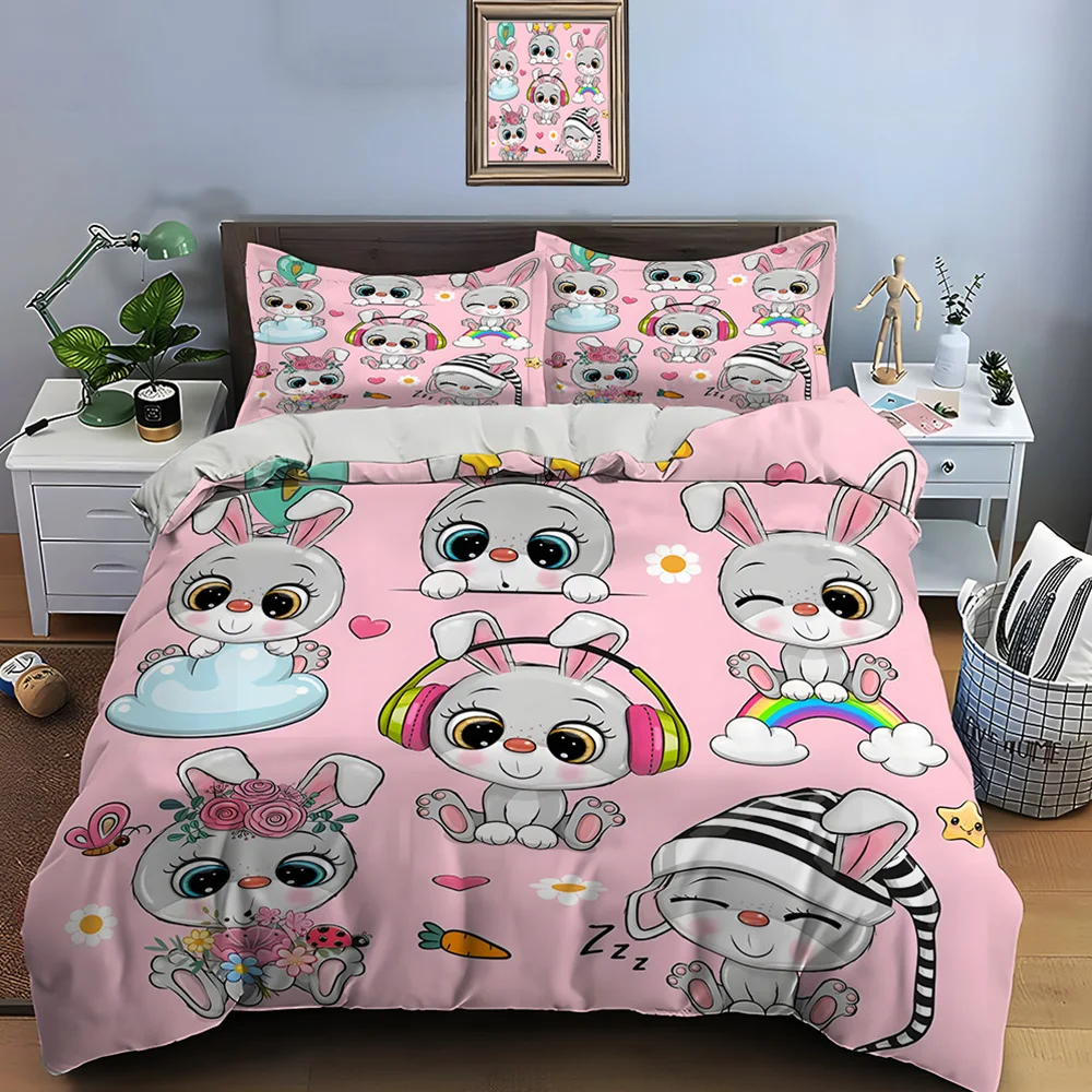 

Cute cartoon bunny illustration Bedding Set for Kids Luxury Gift 3pcs Digital Print Comforter Set Soft Comfortable Breathable
