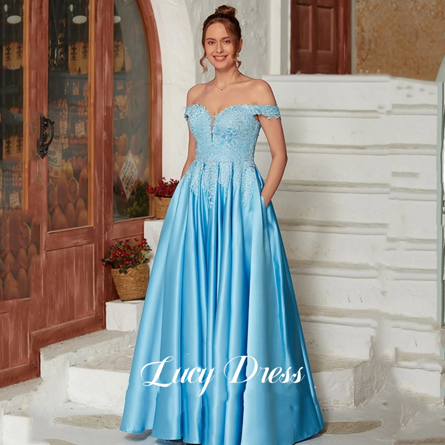 

Lucy Applique Luxurious Women's Evening Dresses Luxury 2023 Satin Line A Sky Blue Gala Dresses Woman Coming of Age Dress Prom