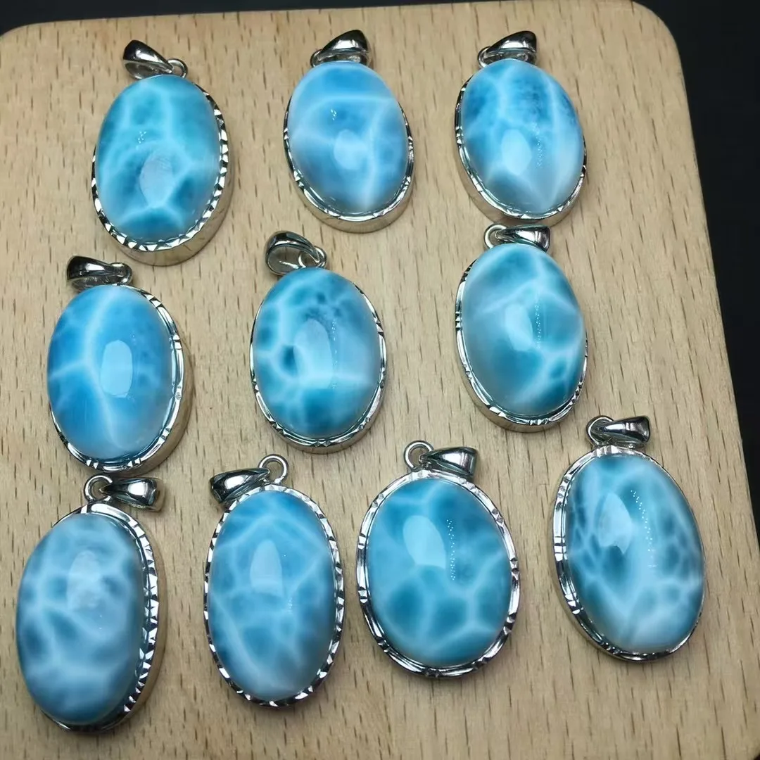 1 Pc Fengbaowu Natural Larimar Water Drop Oval Cabochon Pendant 925 Sterling Silver Reiki Healing Stone Jewelry Gift Women