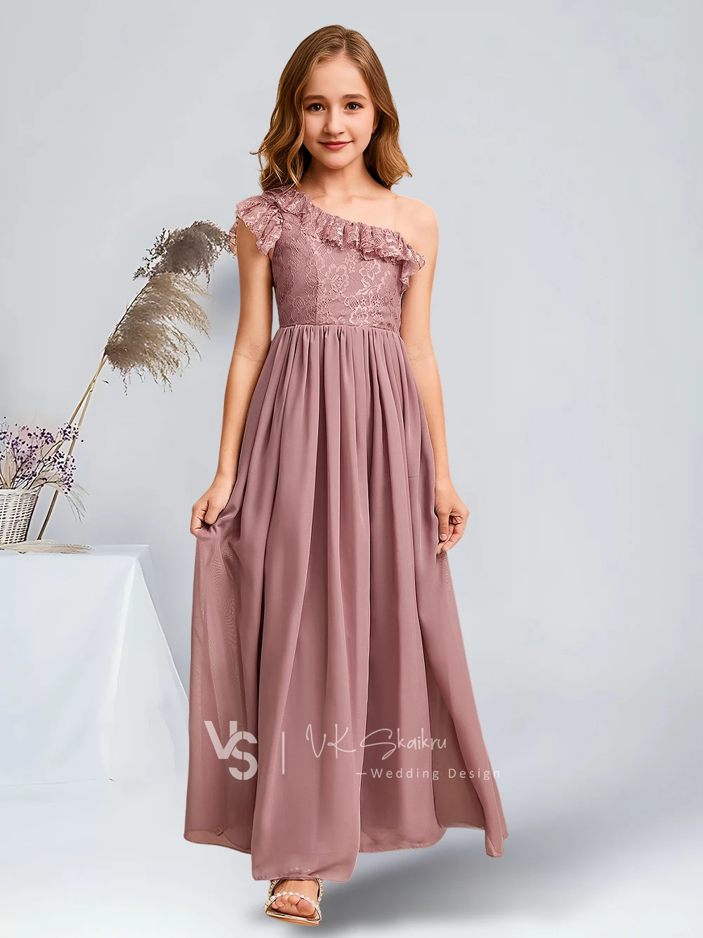 A Elegant A-Line One Shoulder Floor-Length Chiffon Lace Junior Bridesmaid Dresses Vintage Mauve Enchanting Flower Girl Dresses