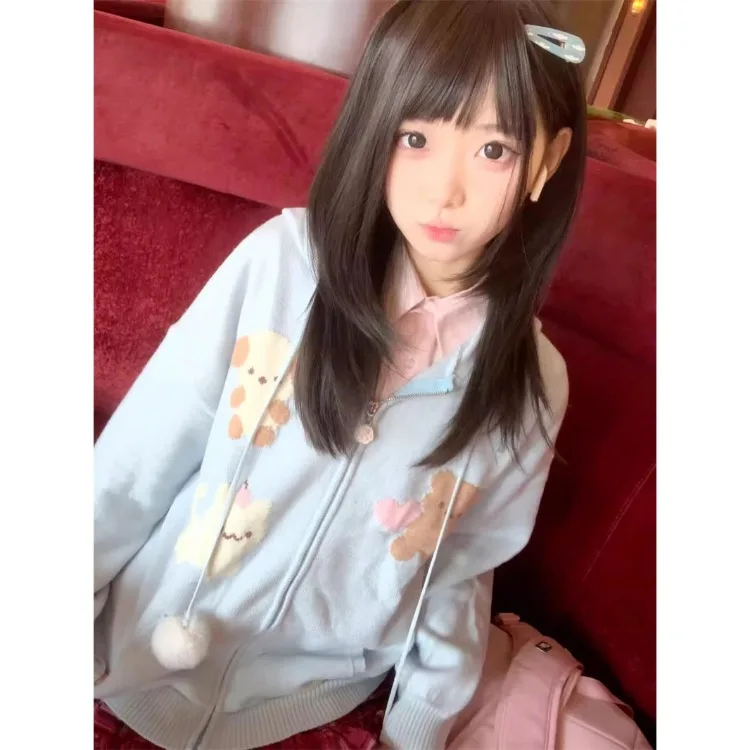 Japanese Cartoon Patterned Hooded Tops Women Autumn Winter New Zipper Sweater Jackets Y2k Long Sleeve Loose Knitted Pullover