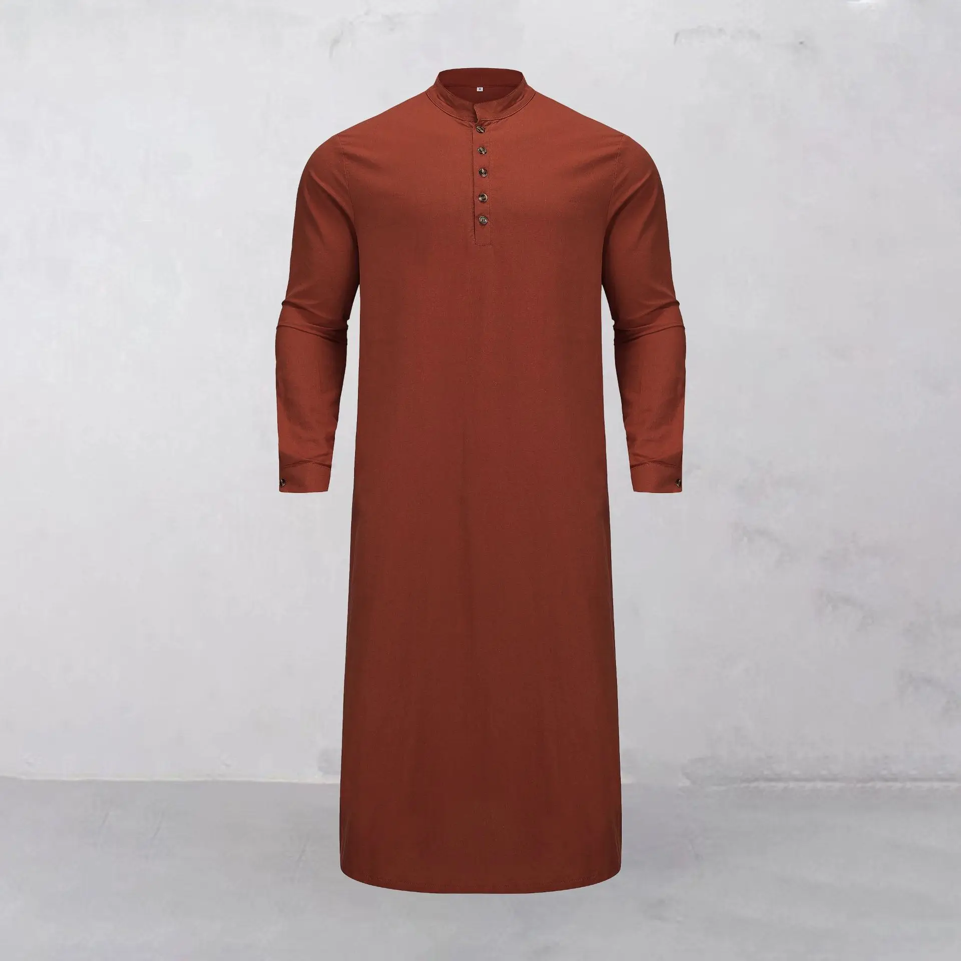 Long Sleeved Middle Eastern Men's Robe Muslim Solid Pattern Polyester Embroidered Stand Collar Arabic Loose Fit Ethnic Bandana