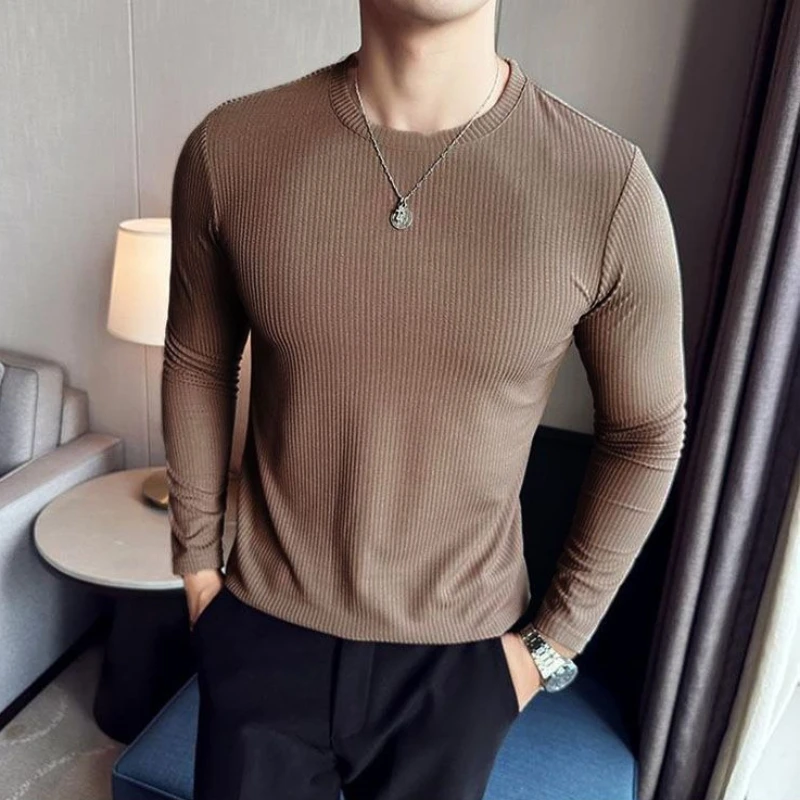 Men's Double-Sided De Rong Thermal Long Sleeve T-Shirt Brushed Warm Slim Fit Round Neck Base Layer Fall Winter Top