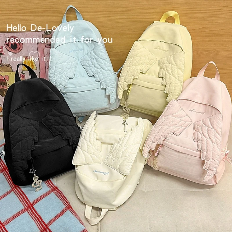 Cute Angel Wings Backpack Women Lightweight Nylon School Bag Teen Girls Casual Travel Student Large Capacity Shoulder Backpack