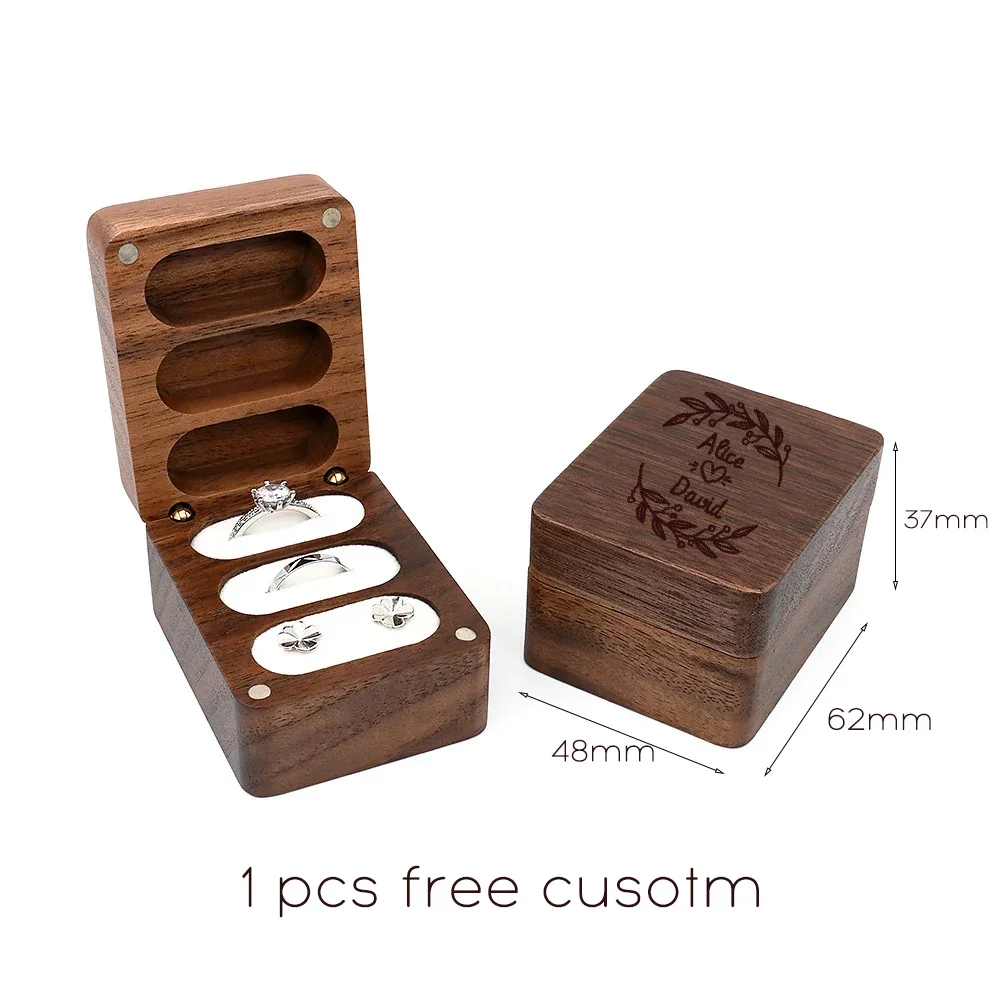 Triple Flip Walnut Wood Ring Box Free Custom Engagement and Wedding Ring Boxes Rings Holder 3 Slots Rings Box Jewelry Bearer