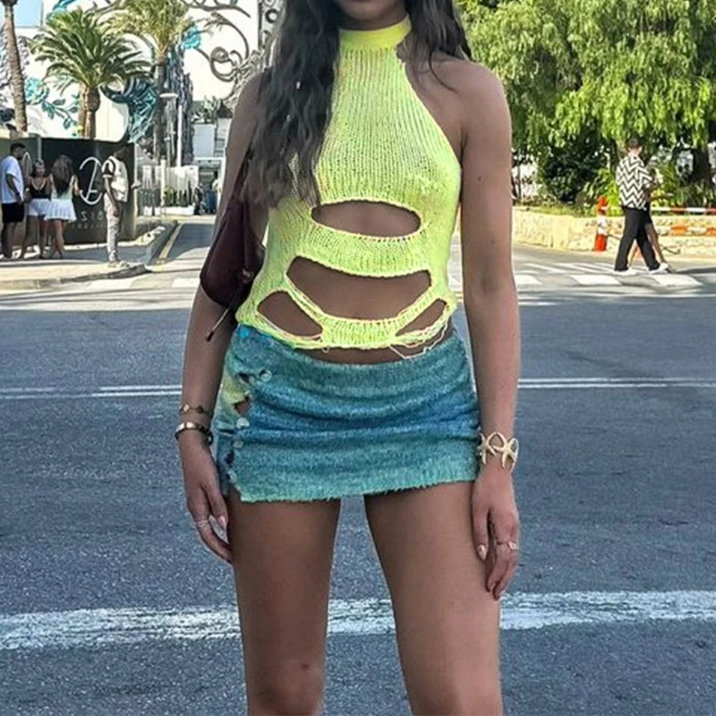 BKLD 2024 Rave Party Holiday Street 2Pcs Matching Outfits Hottie Girls Hole Tank Top+Gradient Half Skirt Sexy Irregular Chic Set