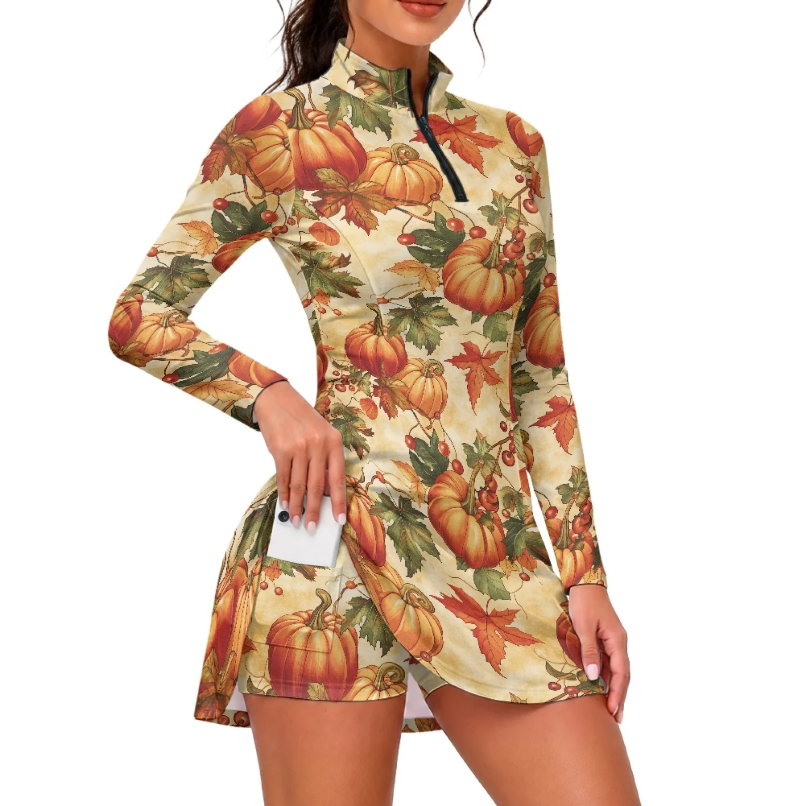 PENSTROLL Maple 2 PCS Ladies' Long Sleeve Golf Dress with Inner Shorts Pockets Golf Apparel for Workout Tennis
