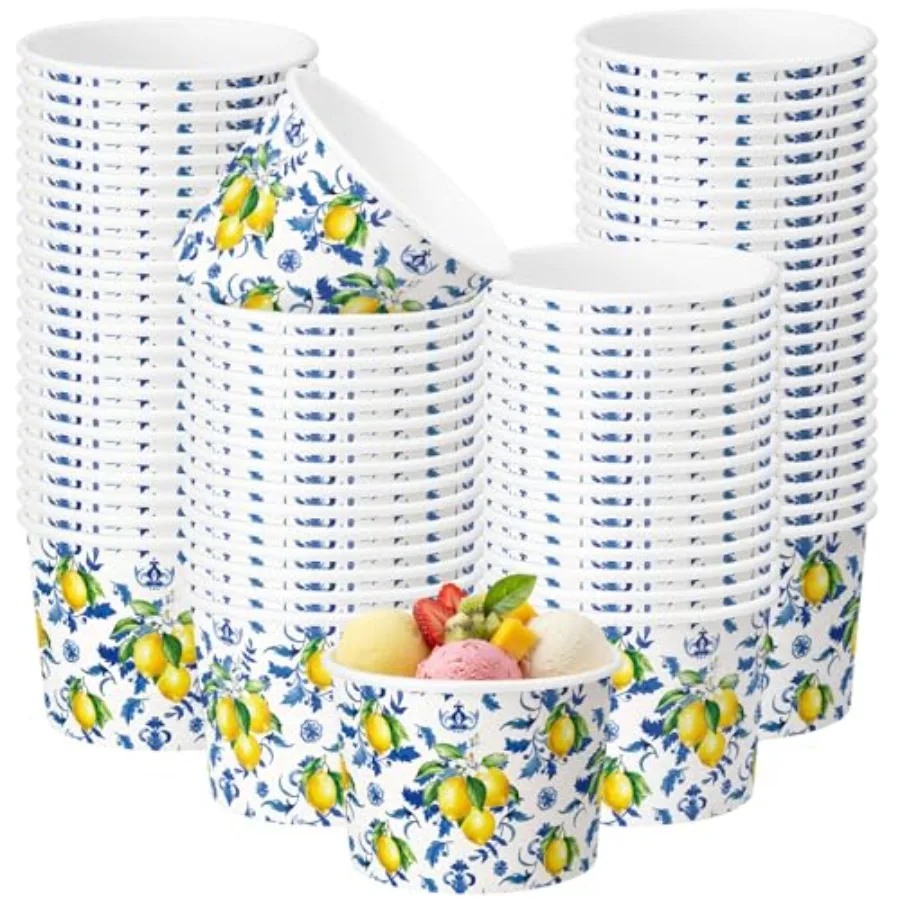 100 Pack 9 oz Capri Lemon Ice Cream Cups Tiles Yellow Lemon Disposable Paper Cups for Dessert Treat Bowls Hot Cold Food Summer