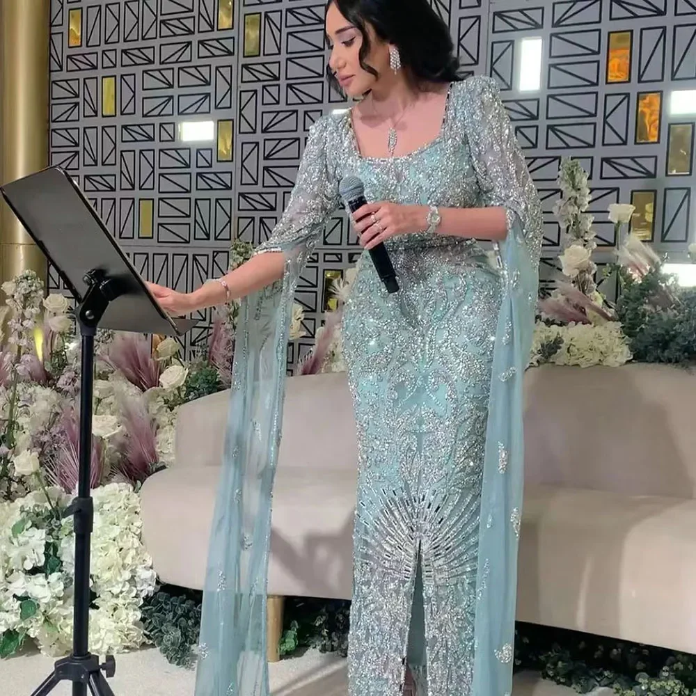 JDY Custom Light Blue Beaded Cape Luxury Evening Dress Modern Style Wedding Party Gown for Women فساتين سهرة
