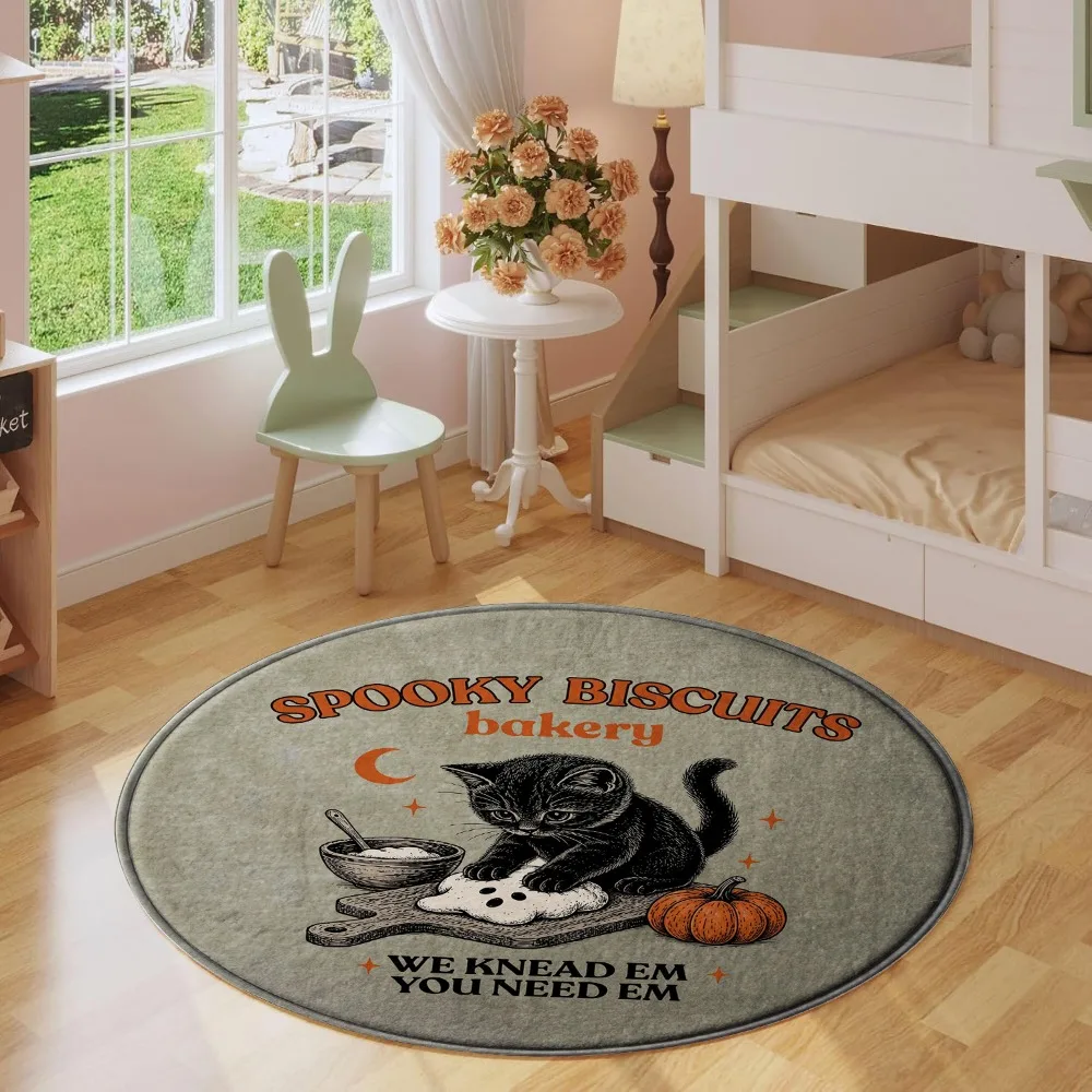 Spooky Biscuits Bakery Black Cat Pumpkin Crescent Moon Vintage Pattern Holiday Luxury Round Mat Area Rug Home Decor