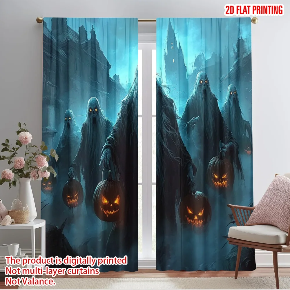 

2pcs 2D flat printing Halloween Scene Curtain Full moon and fog Fabric Without Electricity Holiday Decorations Perfect for All