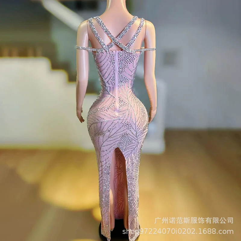 Luxury Silver Diamond Temperament Waist Dress Banquet Host Evening Dress Adult Model Catwalk Trendy Clothes Vestidos De Flamenca