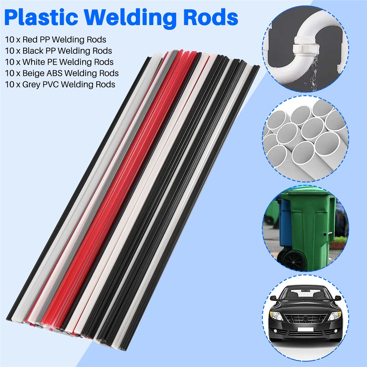 50PCS Plastic Welding Rods - PP/PVC/PE Plastic Welder Rods for Hot Air Tools 10 Inch (Each Color 10PCS)