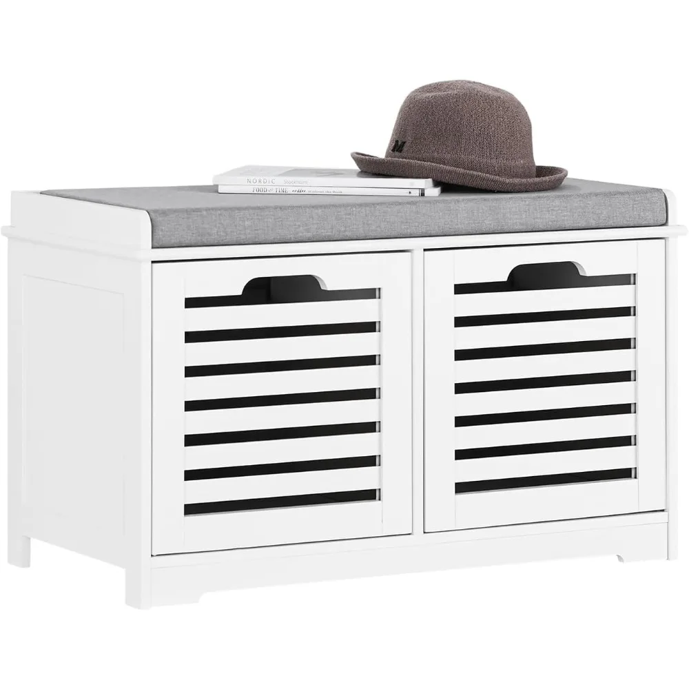 

White Storage Bench with 2 Drawers & Removable Seat Cushion, Shoe Cabinet Shoe Bench