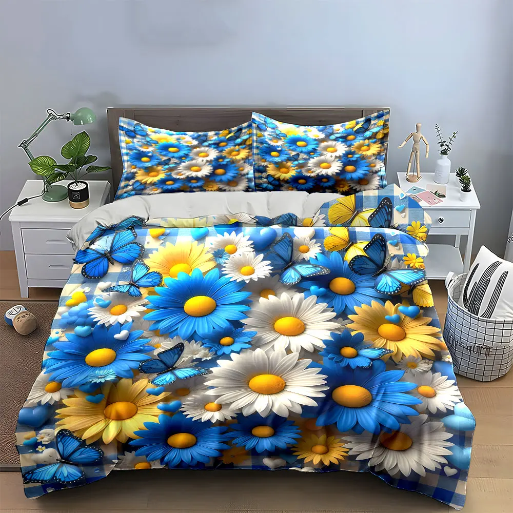 Butterfly and Daisy Decoration Set Soft Skin-Friendly Bedding Set Includes 1 Duvet Cover And 2 Pillowcase, Gift