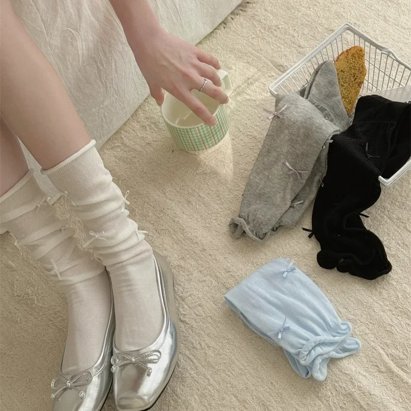 JK Lolita-Bas mi-longs en coton avec nœud papillon pour femme, chaussettes de mollet, ballet gris, doux, style ins, mi-long, désossé, confort, chaussettes hautes au genou