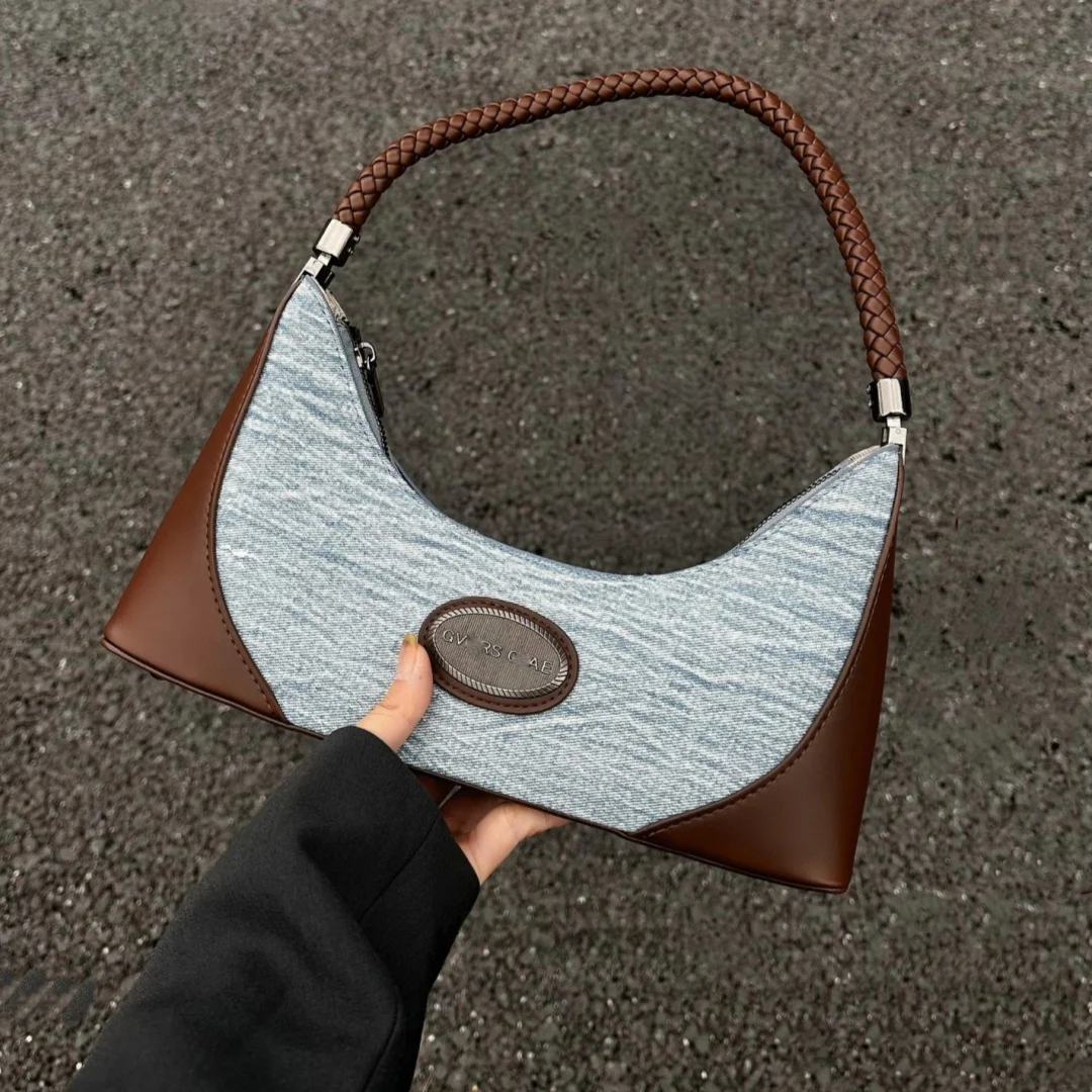 Retro Denim Splice Underarm Bag with Braided Handle for Women Girls Daily Street Fashion Small Capacity Shoulder Handbag