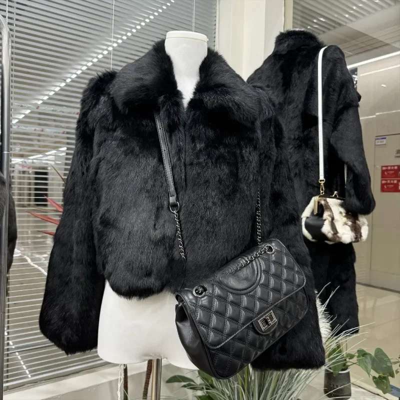 2024 Autumn and Winter New Design Sense Whole Leather Real Hair Rex Rabbit Fur Integrated Fur Jacket For Women